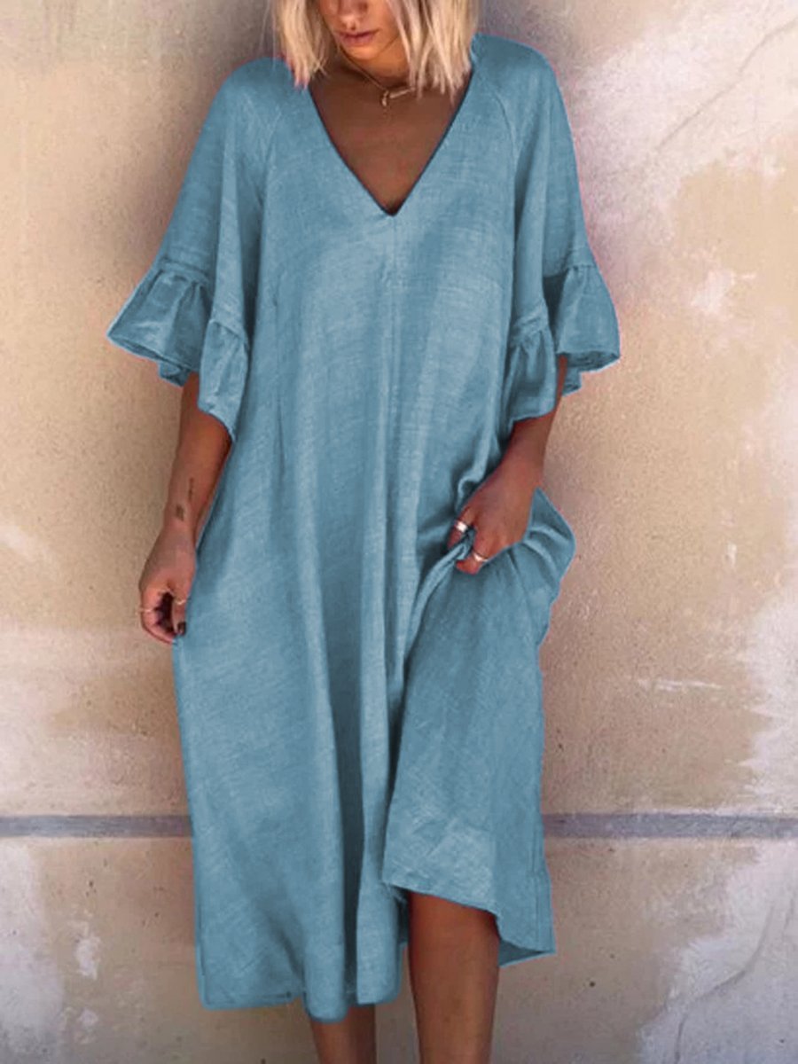Solid Simple V Neck Linen Dresses