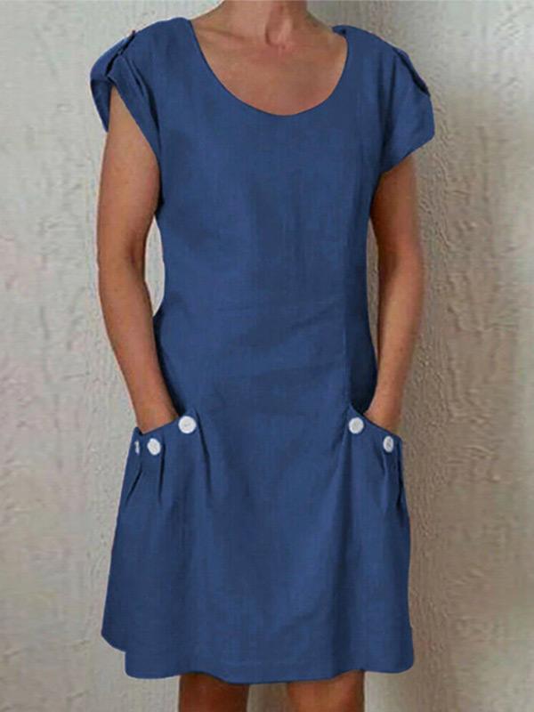 Women's loose cotton and linen pocket contrast button dress