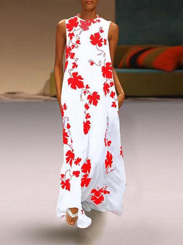 Fashion round neck printed large size sleeveless casual long dress