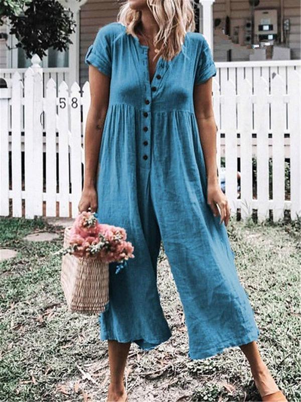 Button Down Short Sleeve Jumpsuit