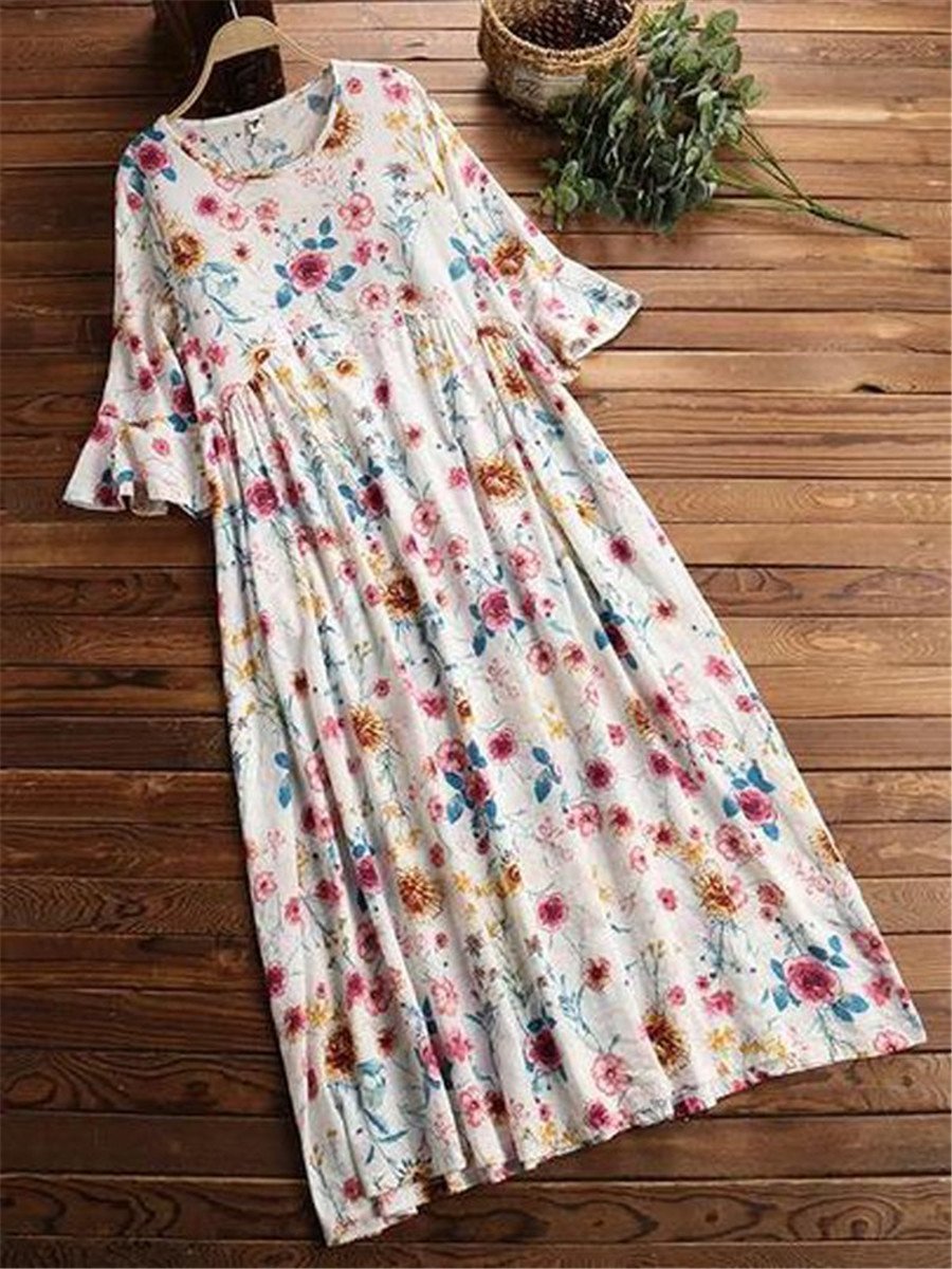 Fashion Casual Loose Print Flare Sleeve Dresses