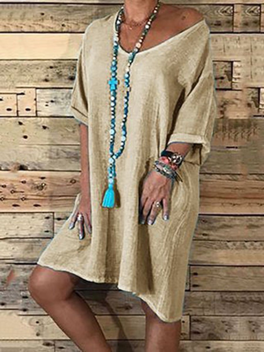 Casual Loose Skirt Solid Color Round Neck Mini Dress