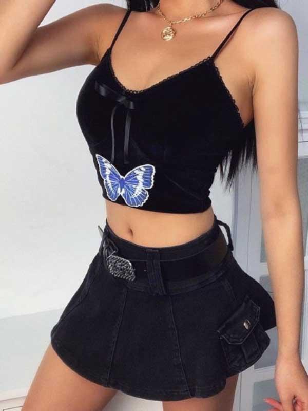 Deep V lace covered bowknot butterfly print tight sexy strap