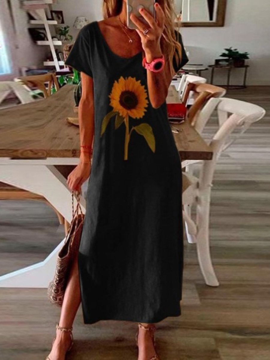 Sunflower Plant Printing Short Sleeve Casual Dress