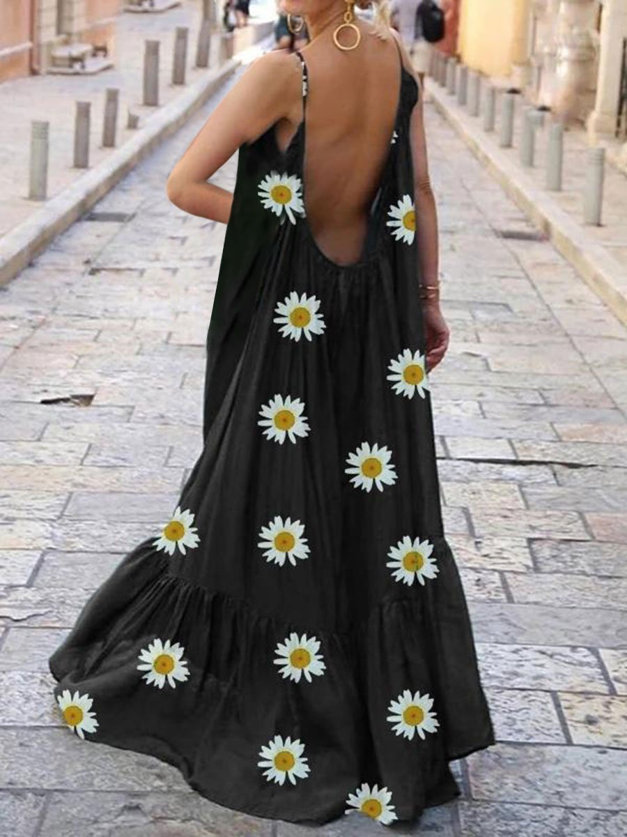 Fashionable Bohemian Daisy Print Casual Dress