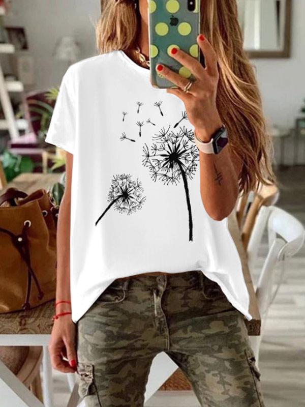 Women's dandelion printed round neck short sleeve T-shirt
