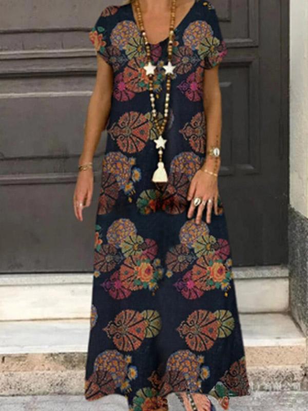 Ladies fashion print stitching v-neck loose comfortable short sleeve dress