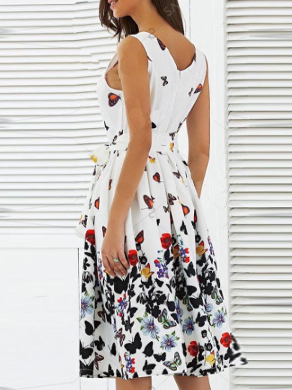 Ladies fashion butterfly print lace up sleeveless dress
