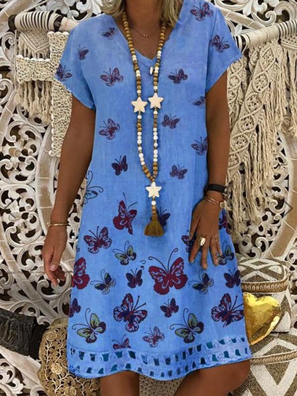 V-neck butterfly print short sleeve dress