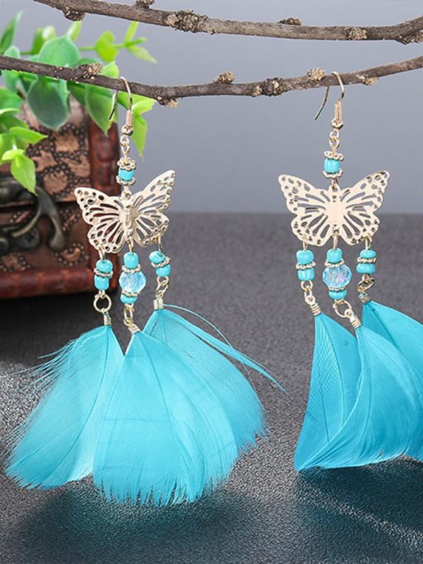 Vintage bohemian pearl beads tassel feather earrings