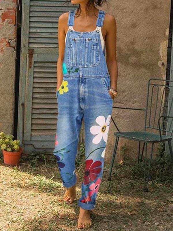 Women's Denim Floral Print Jumpsuit