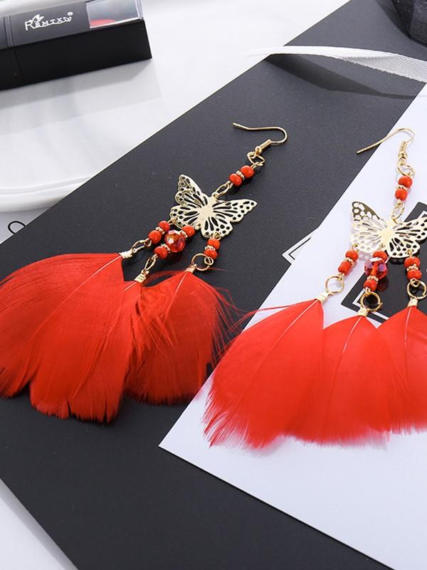 Vintage bohemian pearl beads tassel feather earrings