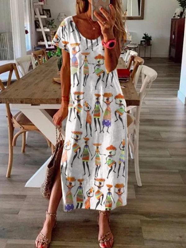 Women's Casual Cotton and Linen Print Short Sleeve Dress