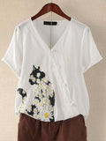 Cat daisy print button short sleeve top