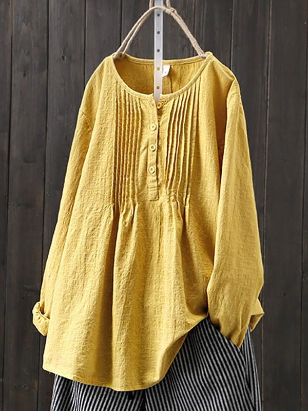 Cotton and linen women's pleated round neck shirt