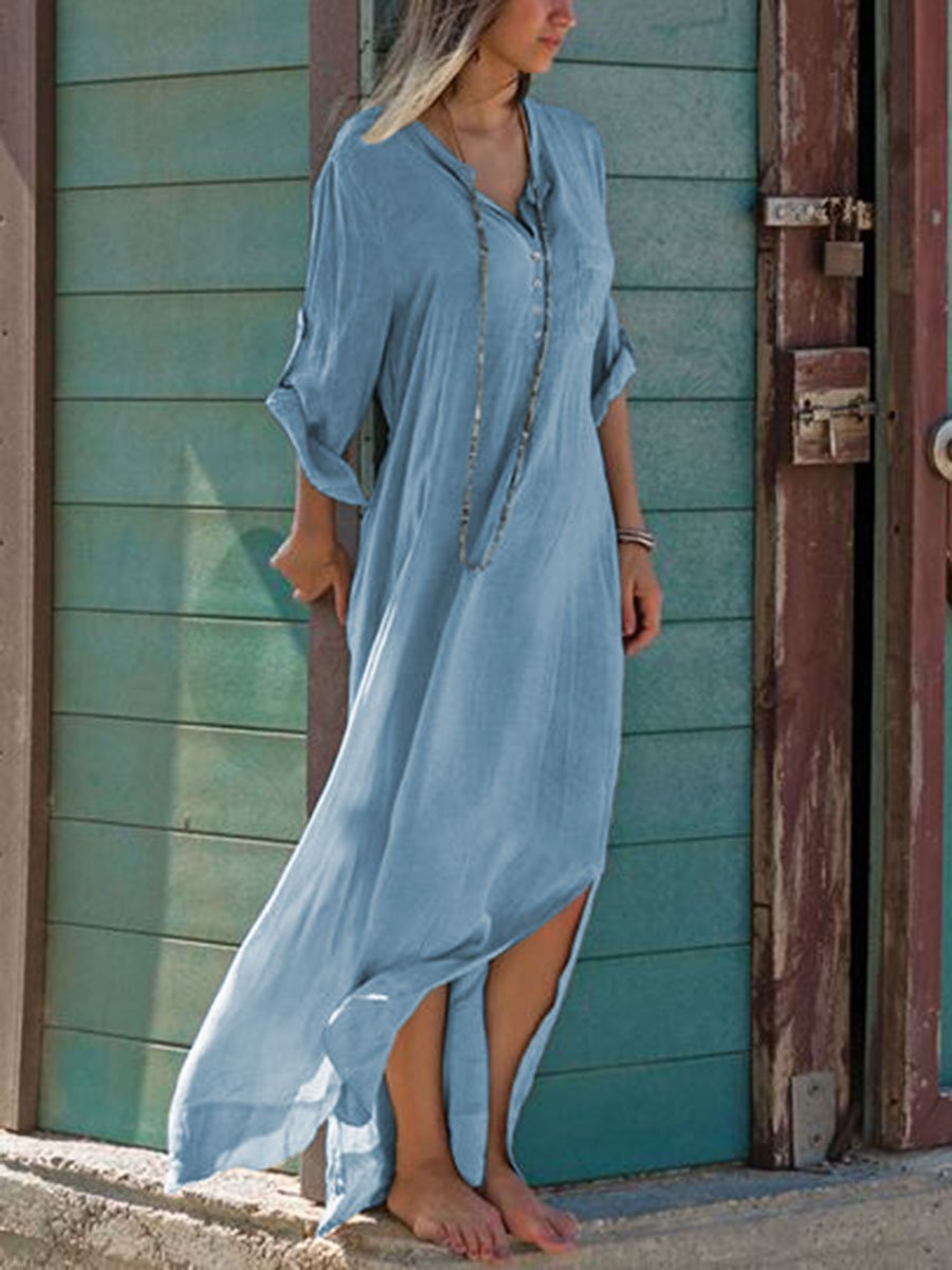 Fashion V-neck Solid Color Casual Dress