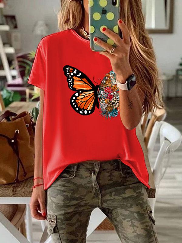 Women's round neck butterfly letter printed loose T-shirt