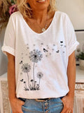 Women's Dandelion Butterfly Print V-neck Short Sleeve T-shirt