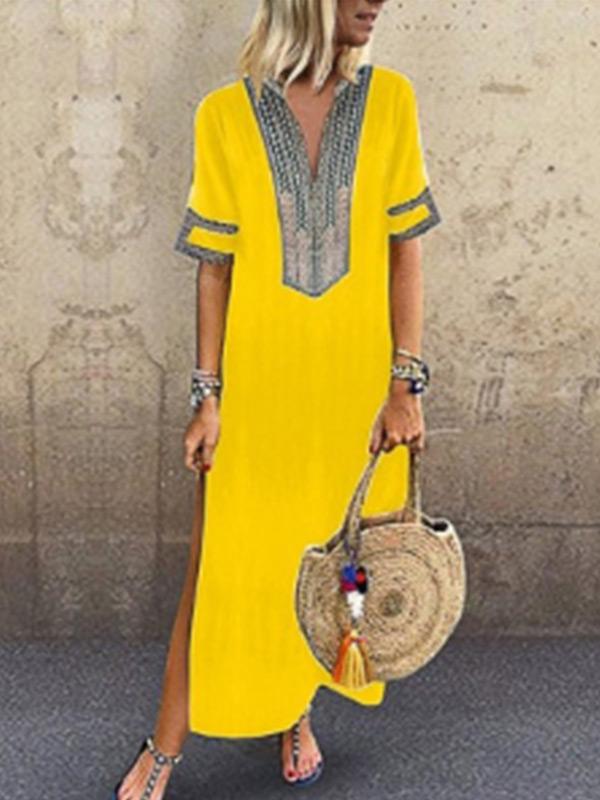 Ladies ethnic style V-neck casual loose dress