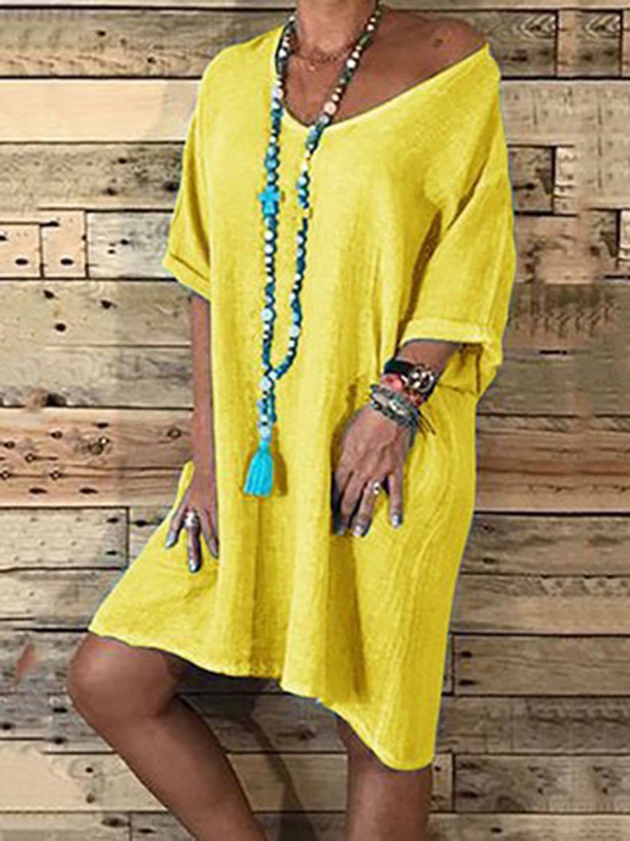 Casual Loose Skirt Solid Color Round Neck Mini Dress