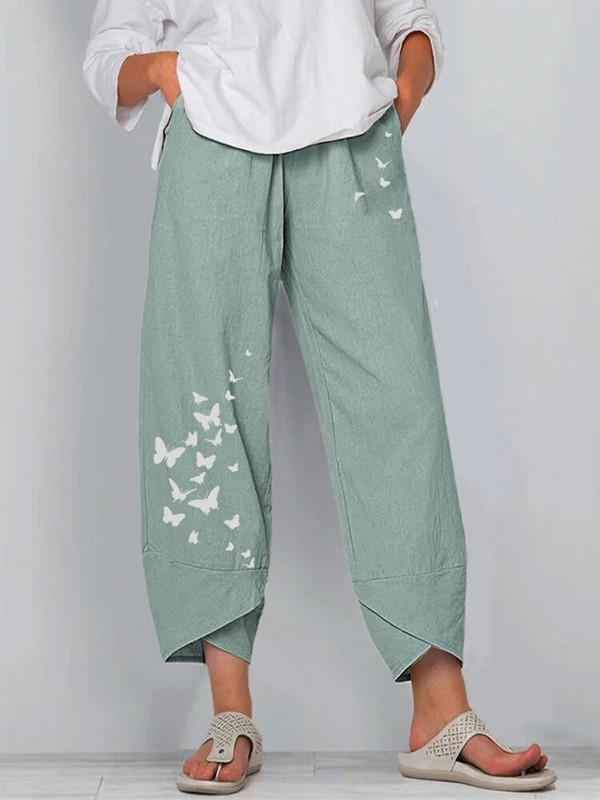 Cotton  linen butterfly print wide-leg pants