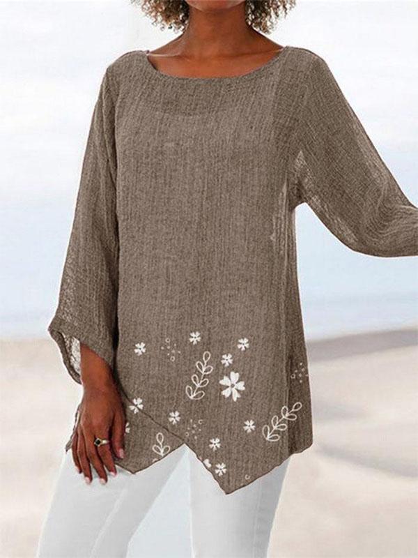 Women's Cotton And Linen Sleeve Round Neck Loose T-Shirt