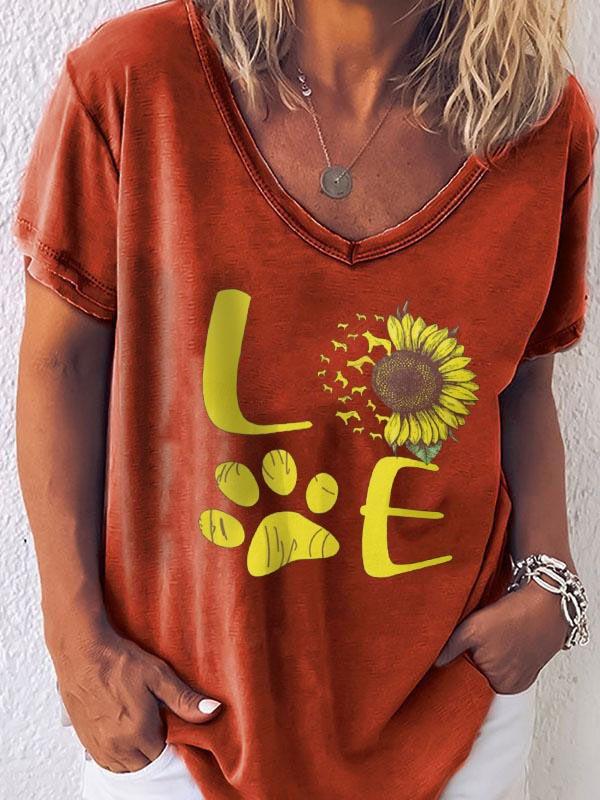 Women's LOVE Sunflower Paw Print Short Sleeve T-Shirt