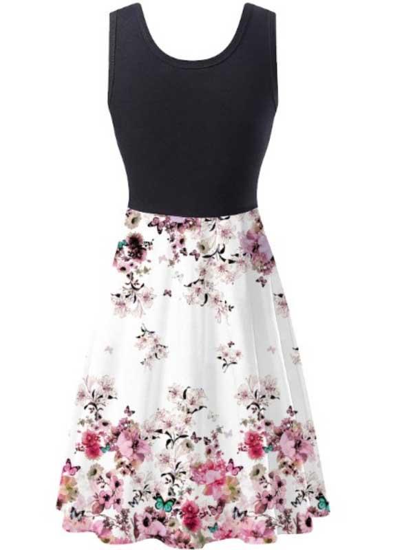 Sleeveless crew neck butterfly print dress