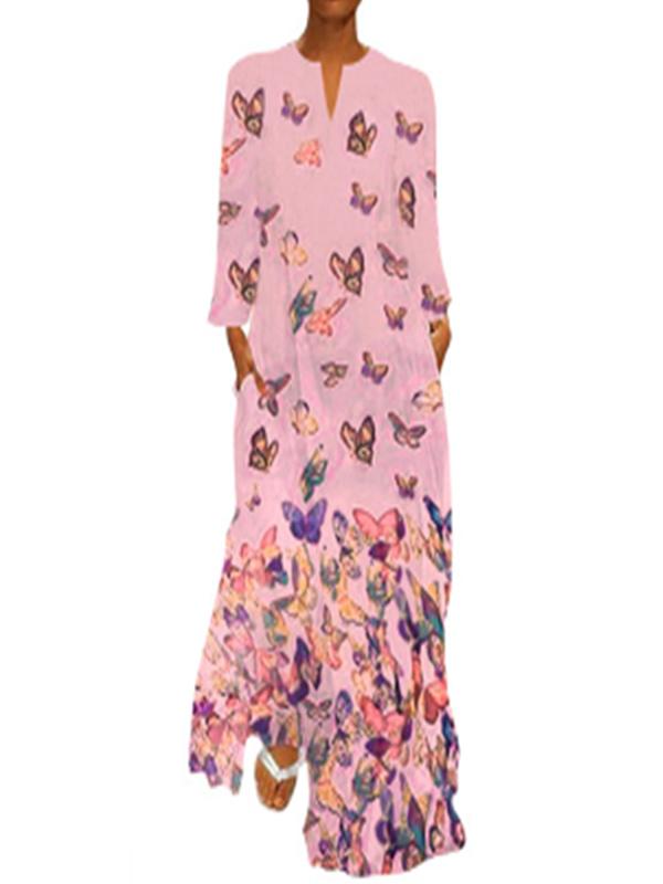 Lady Butterfly Print V-neck Long Sleeve Dress