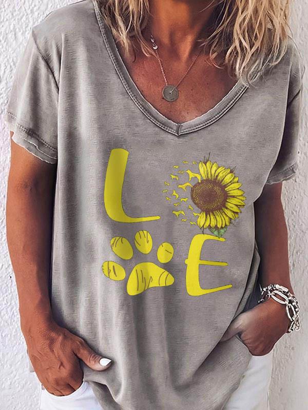 Women's LOVE Sunflower Paw Print Short Sleeve T-Shirt