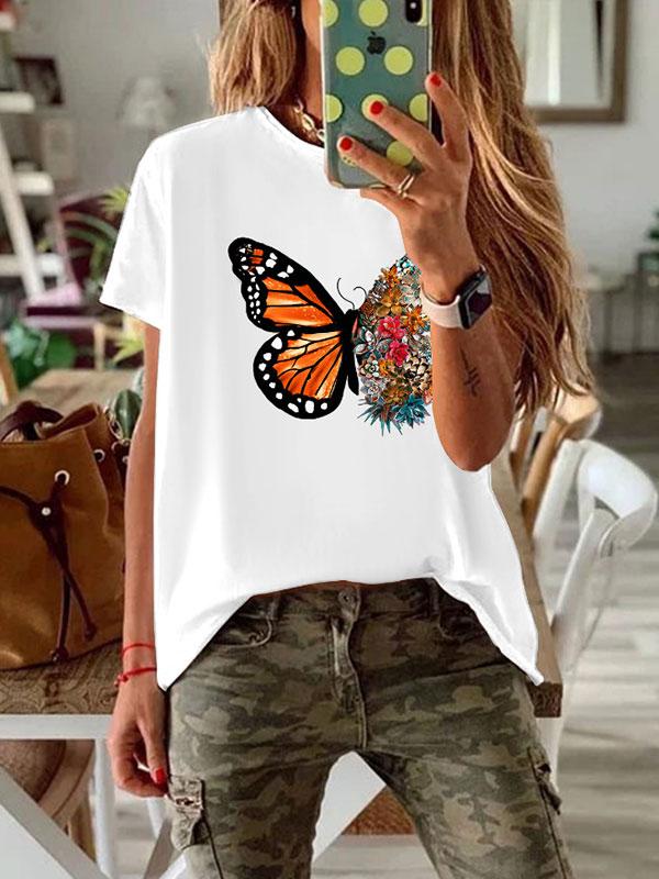 Women's round neck butterfly letter printed loose T-shirt