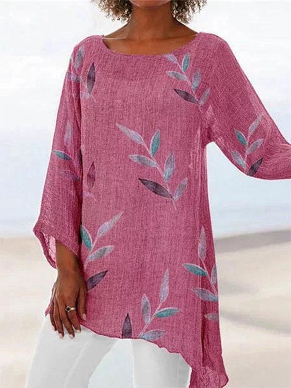 Women's Cotton Linen Sleeve Round Neck Leaf Print T-Shirt