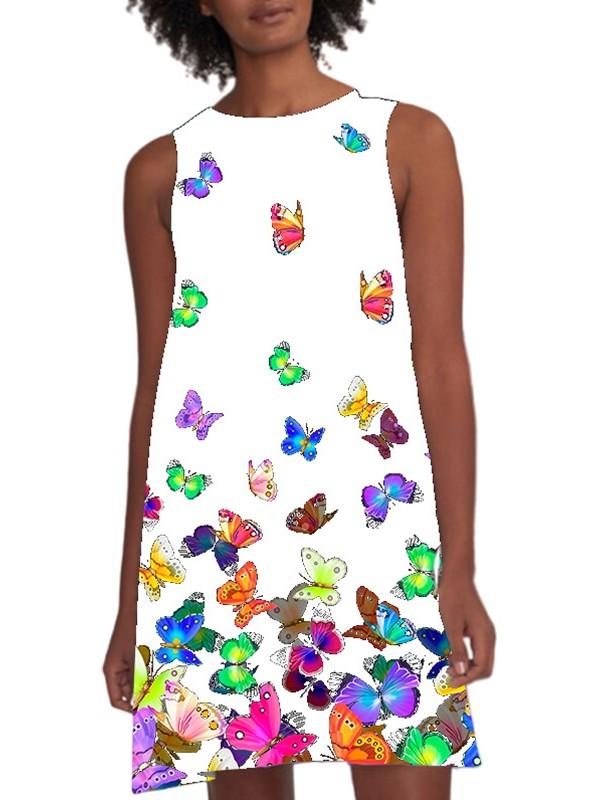 Colorful butterfly print loose sleeveless dress