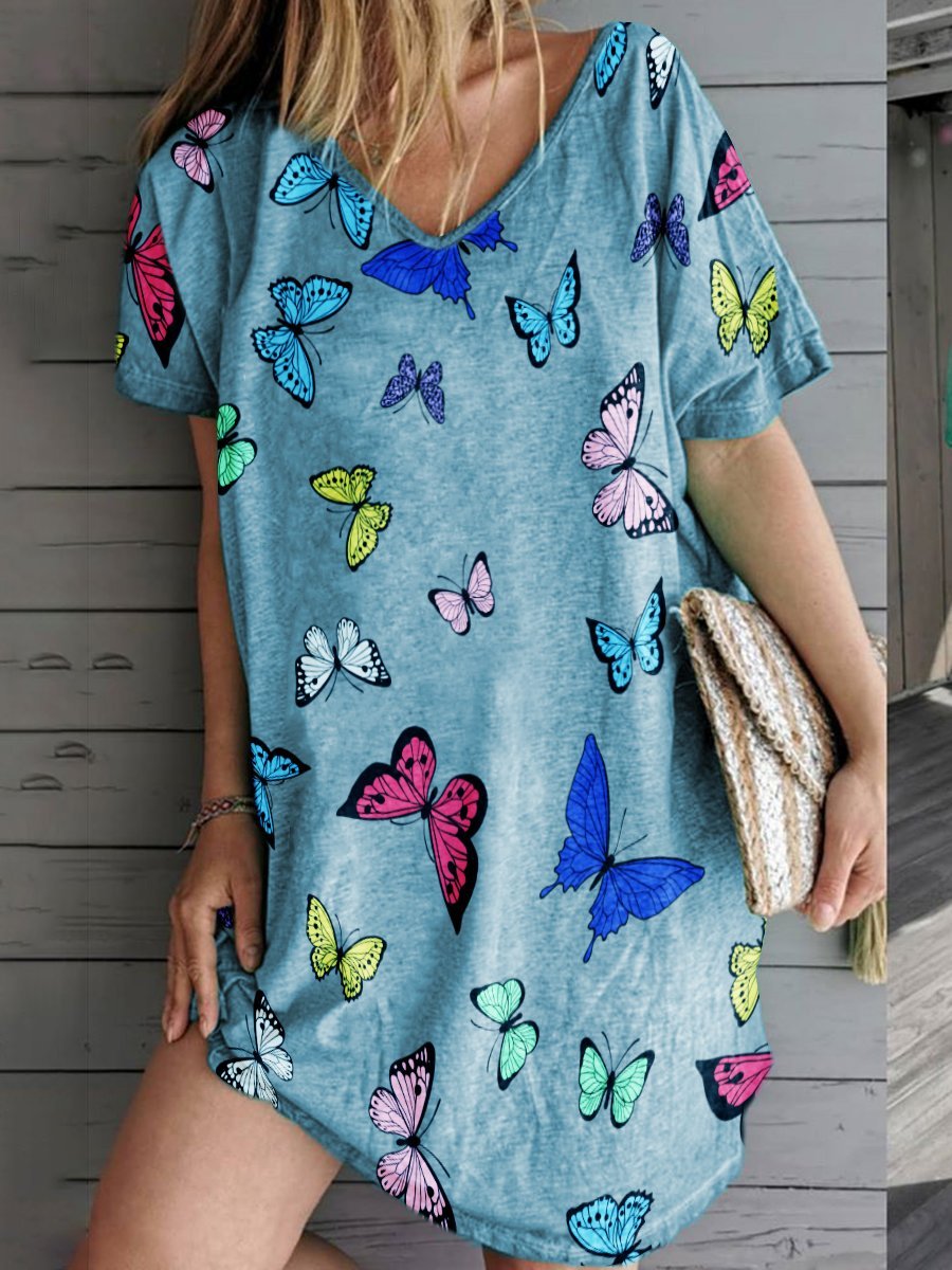Printed V-Neck Short Sleeve Dress