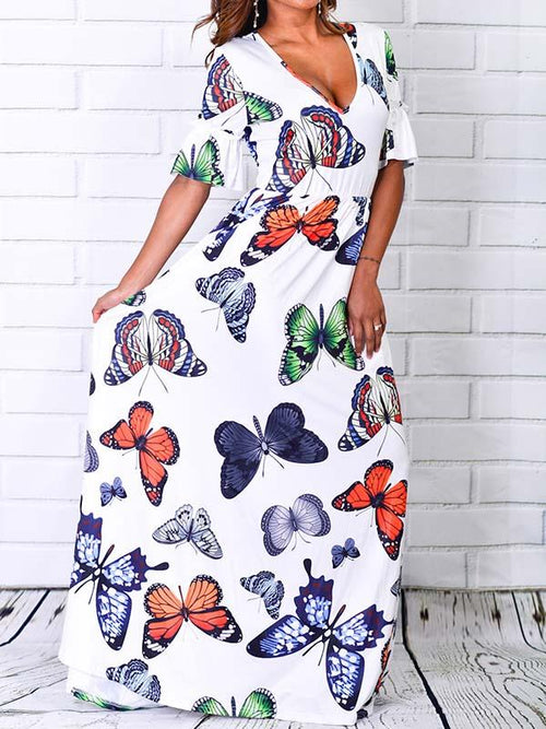 Casual Butterfly Print V-neck Short Sleeve Dress