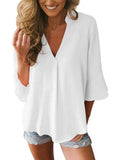 V-neck ruffled 3/4 sleeves loose chiffon shirt