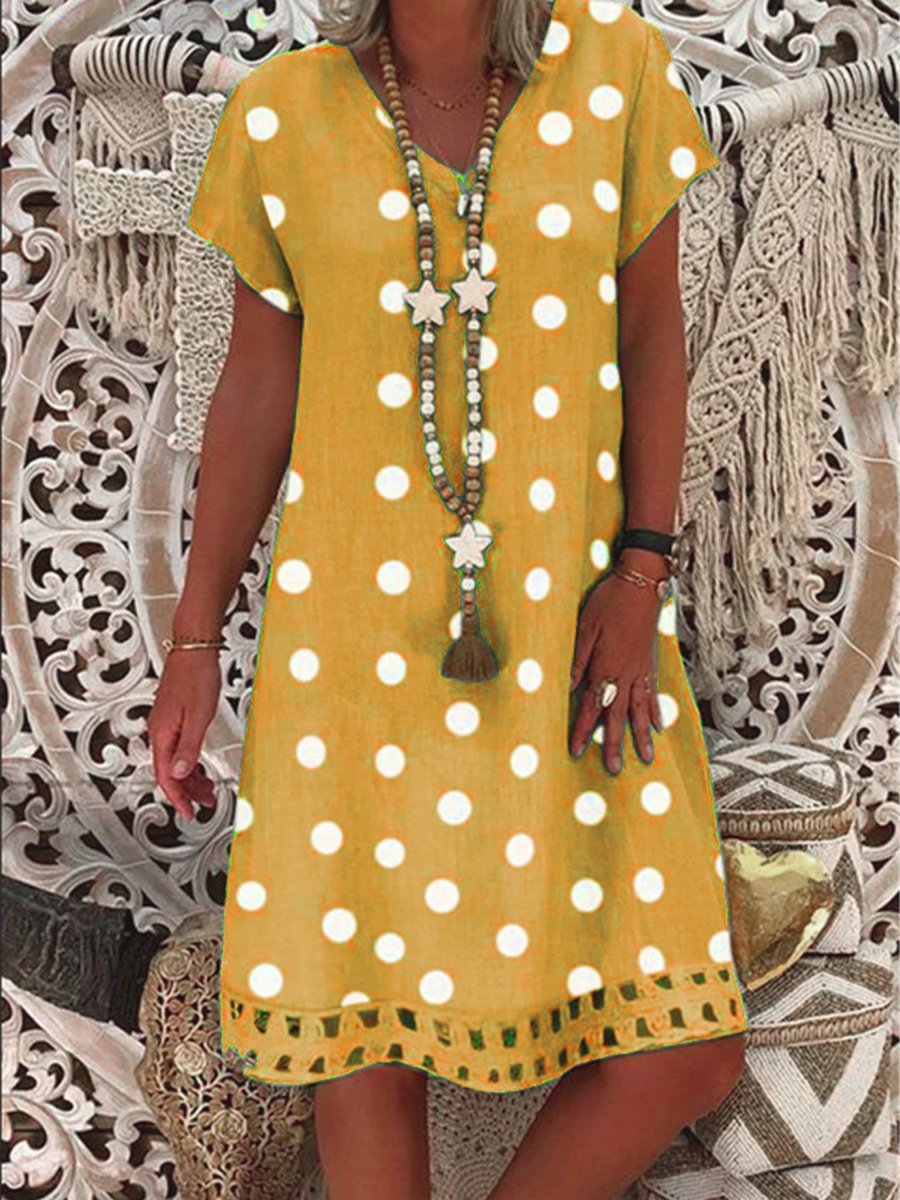 Casual V Neck Polka Dot Print Short Sleeve Midi Dresses