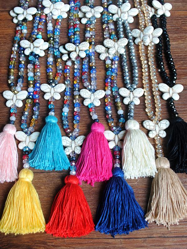 Boho Tassel Handmade Beaded Multicolor Crystal Necklace
