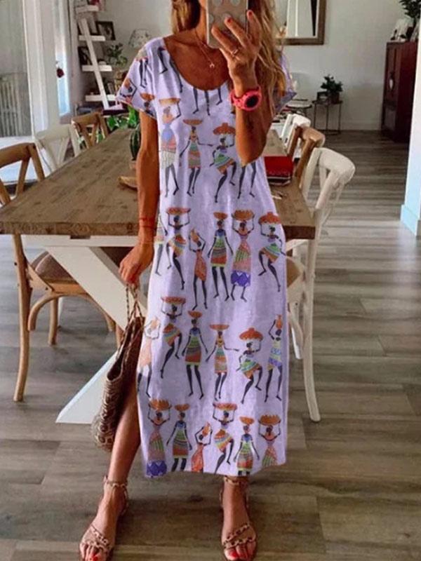 Women's Casual Cotton and Linen Print Short Sleeve Dress