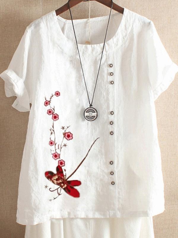 Retro cotton and linen printed button shirt