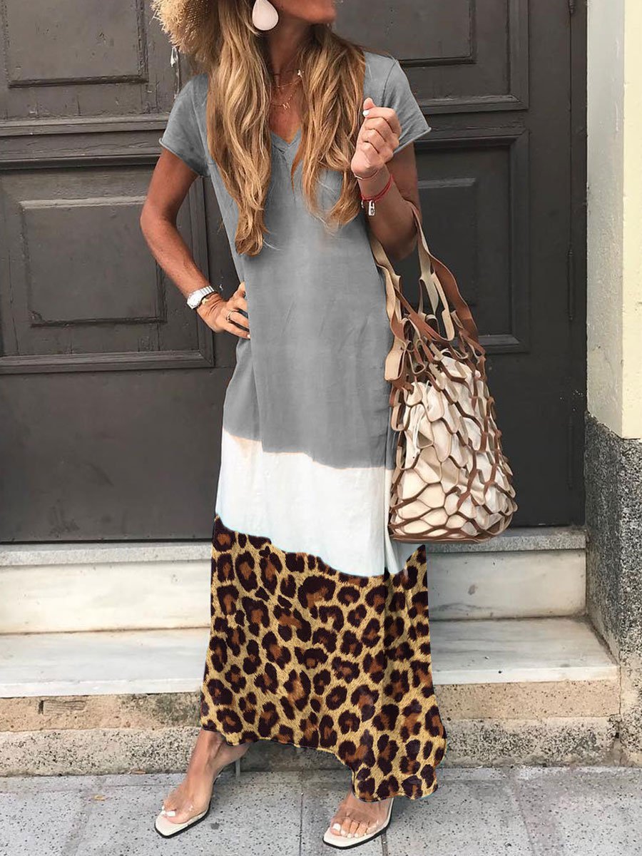 Holiday Stitching Leopard Print Tricolor Dress