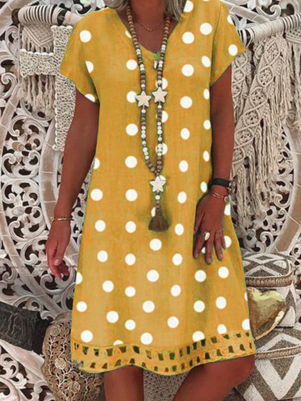 Ladies fashion V-neck polka dot cotton and linen dress