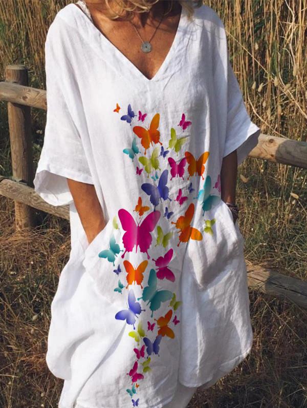 Women's cotton and linen V-neck butterfly print pocket dress