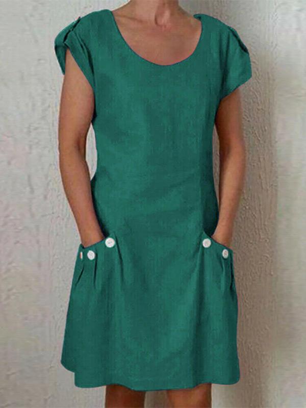 Women's loose cotton and linen pocket contrast button dress