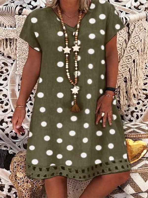 Ladies fashion V-neck polka dot cotton and linen dress