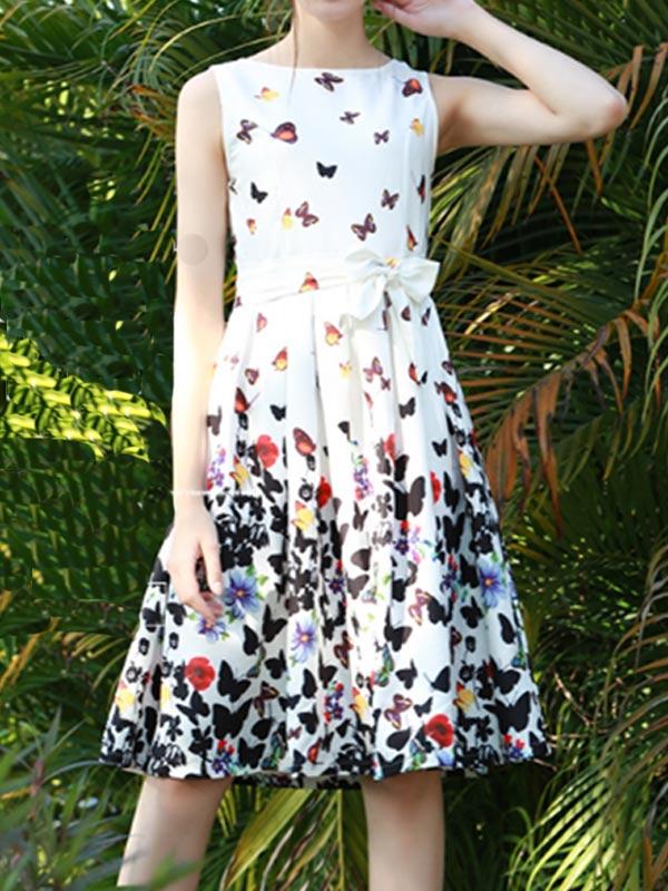 Ladies fashion butterfly print lace up sleeveless dress