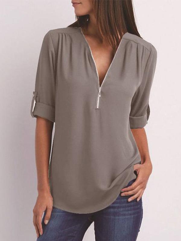 Women's V-neck zipper oversized chiffon shirt