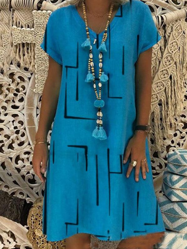 Women's loose cotton and linen printed V-neck dress