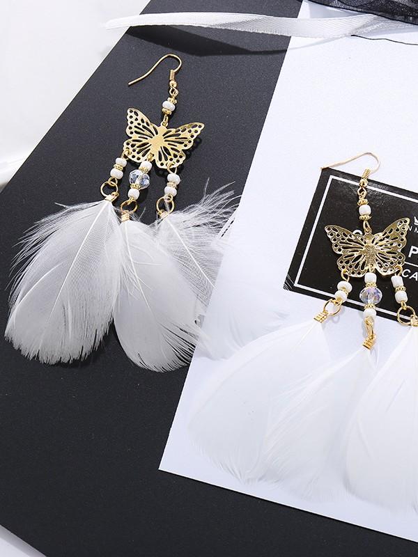 Vintage bohemian pearl beads tassel feather earrings