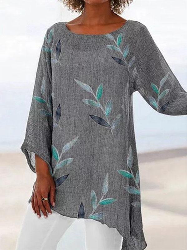 Women's Cotton Linen Sleeve Round Neck Leaf Print T-Shirt